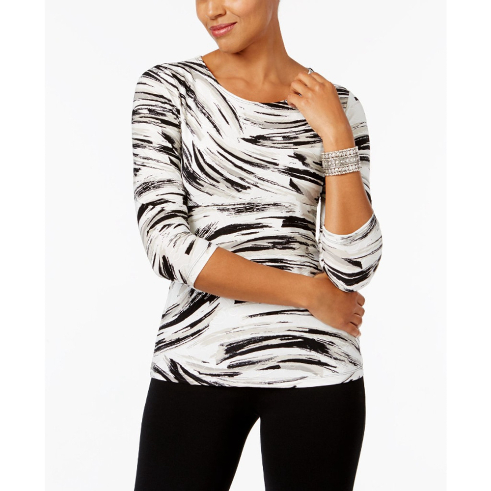 JM Collection Women's Extra Large Petite Printed 3/4 Sleeve Jacquard Top NWT